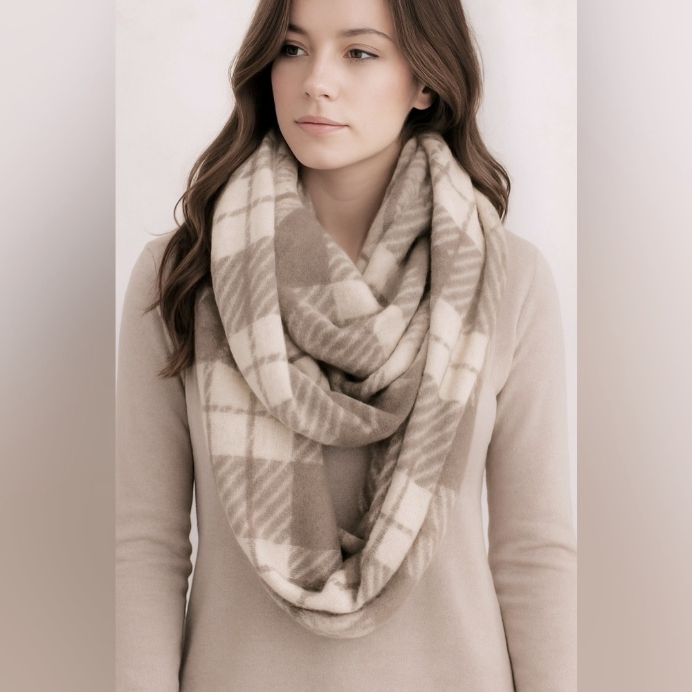 Tan & Cream Cozy Checker Plaid Infinity Blanket Scarf